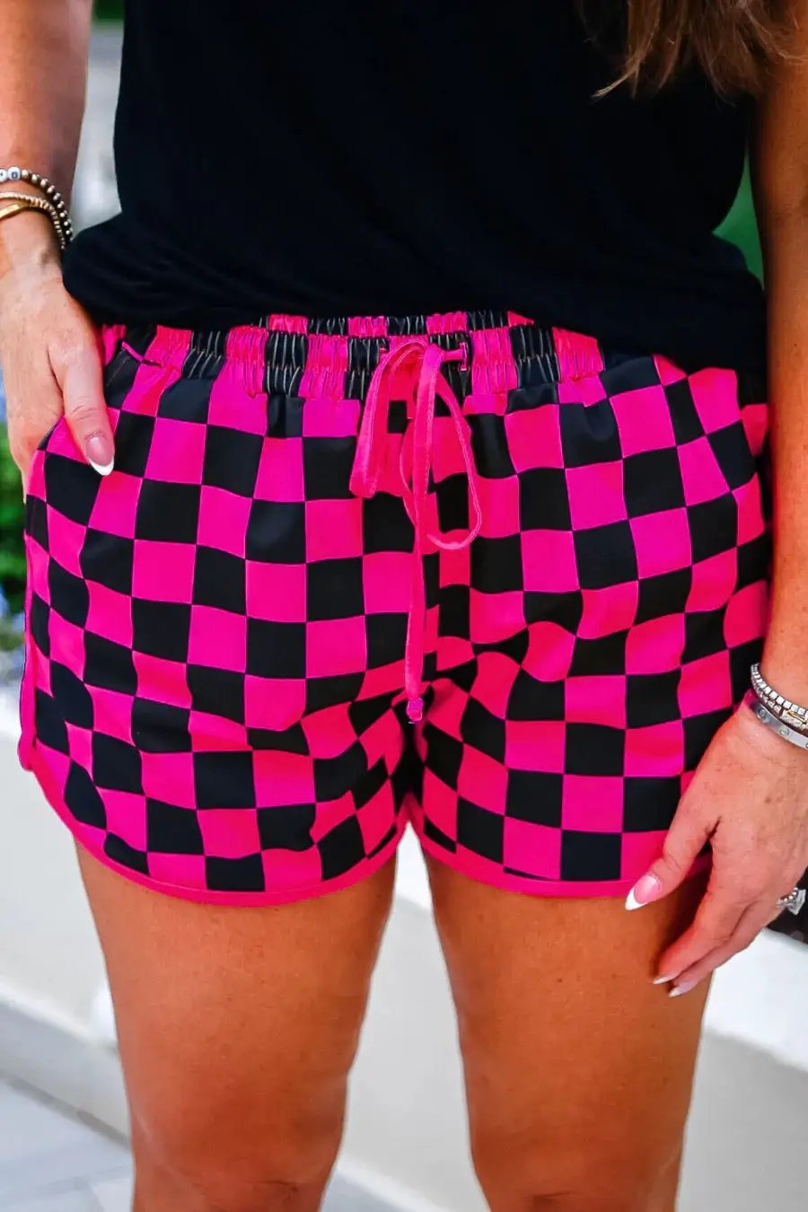 Pink & Black Checkered Mid-Rise Shorts