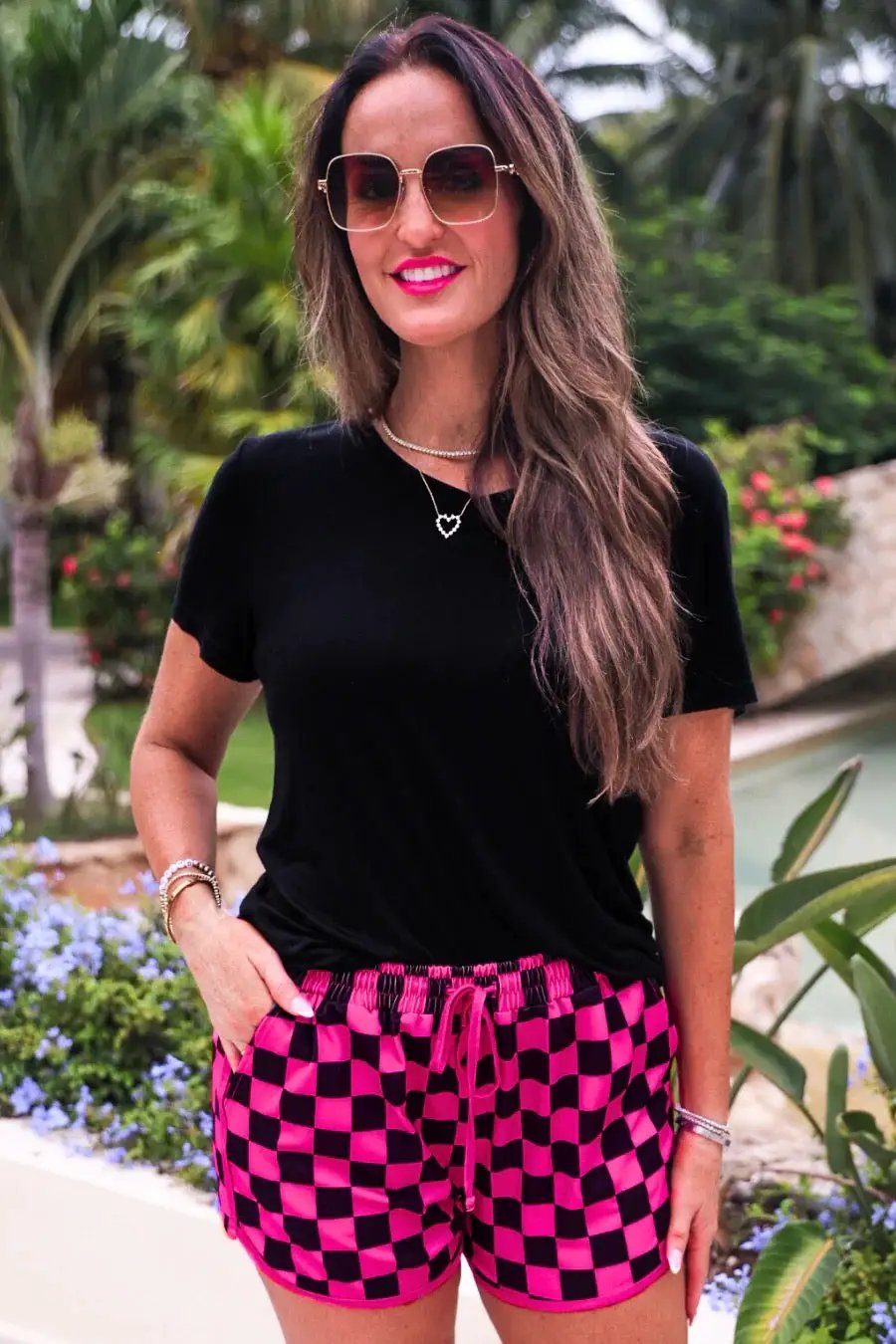 Pink & Black Checkered Mid-Rise Shorts