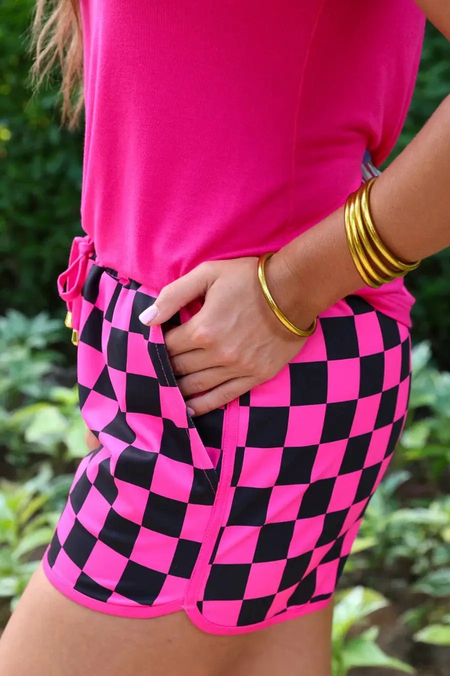 Pink & Black Checkered Mid-Rise Shorts